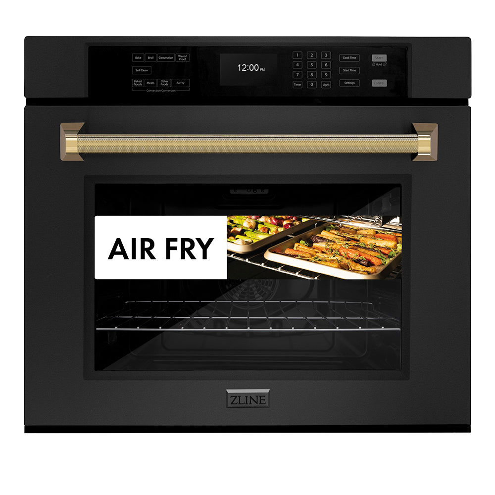 ZLINE Autograph Edition 30 in. Professional True Convection Single Wall Oven with Air Fry and Self Clean in Black Stainless Steel with Polished Gold Helix Handle (WASBZ-30-KG) front, showing air fry capability.