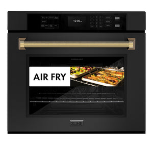 ZLINE Autograph Edition 30 in. Professional True Convection Single Wall Oven with Air Fry and Self Clean in Black Stainless Steel with Polished Gold Helix Handle (WASBZ-30-KG) front, showing air fry capability.
