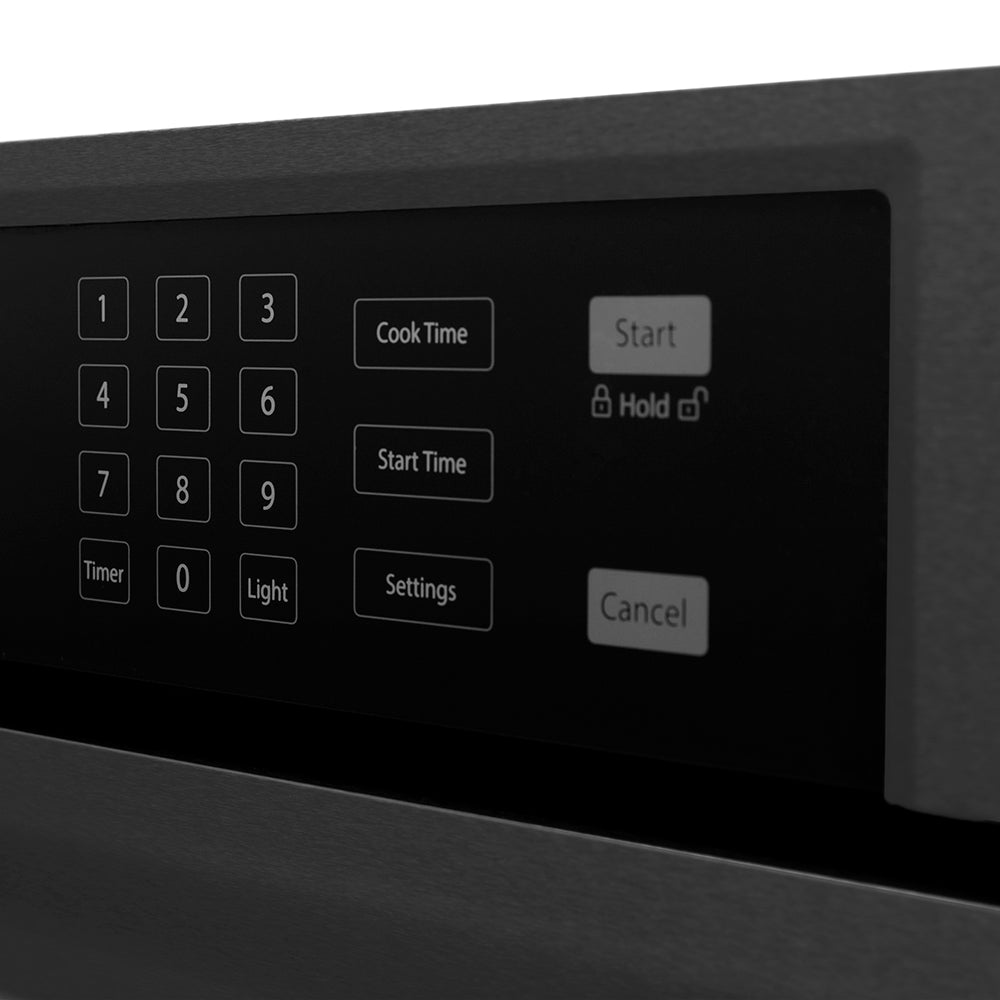 ZLINE Autograph Edition 30 in. Professional True Convection Single Wall Oven with Air Fry and Self Clean in Black Stainless Steel with Polished Gold Helix Handle (WASBZ-30-KG) control panel with digital display and keypad.