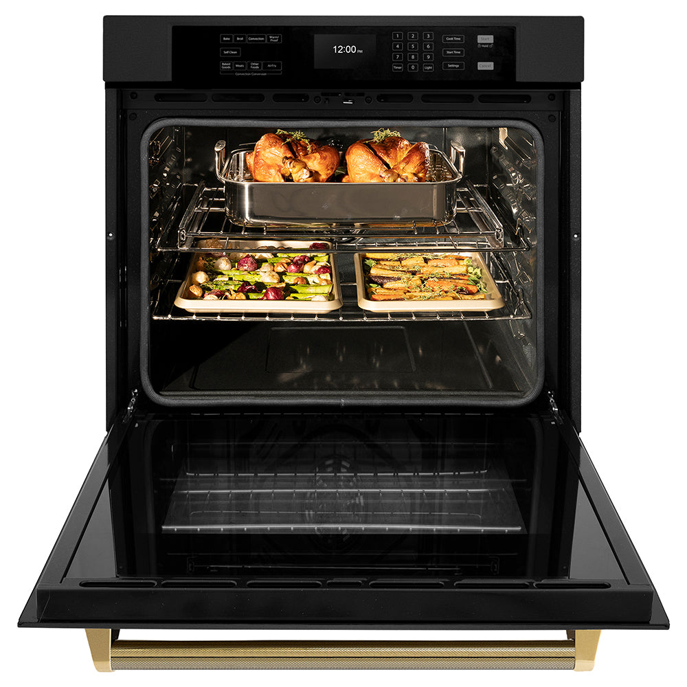 ZLINE Autograph Edition 30 in. Professional True Convection Single Wall Oven with Air Fry and Self Clean in Black Stainless Steel with Polished Gold Helix Handle (WASBZ-30-KG) front, open.