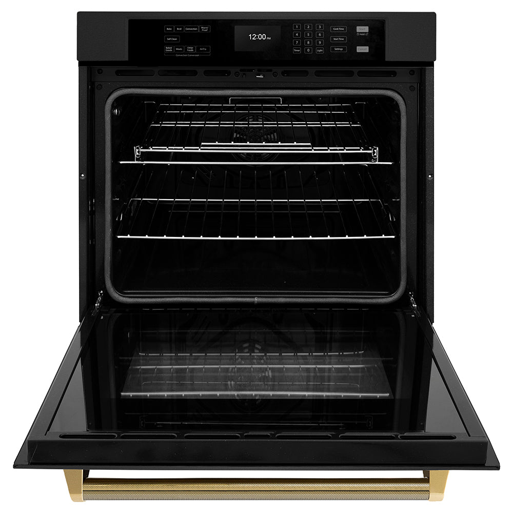 ZLINE Autograph Edition 30 in. Professional True Convection Single Wall Oven with Air Fry and Self Clean in Black Stainless Steel with Polished Gold Helix Handle (WASBZ-30-KG) front, open.