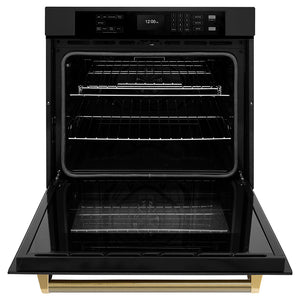 ZLINE Autograph Edition 30 in. Professional True Convection Single Wall Oven with Air Fry and Self Clean in Black Stainless Steel with Polished Gold Helix Handle (WASBZ-30-KG) front, open.