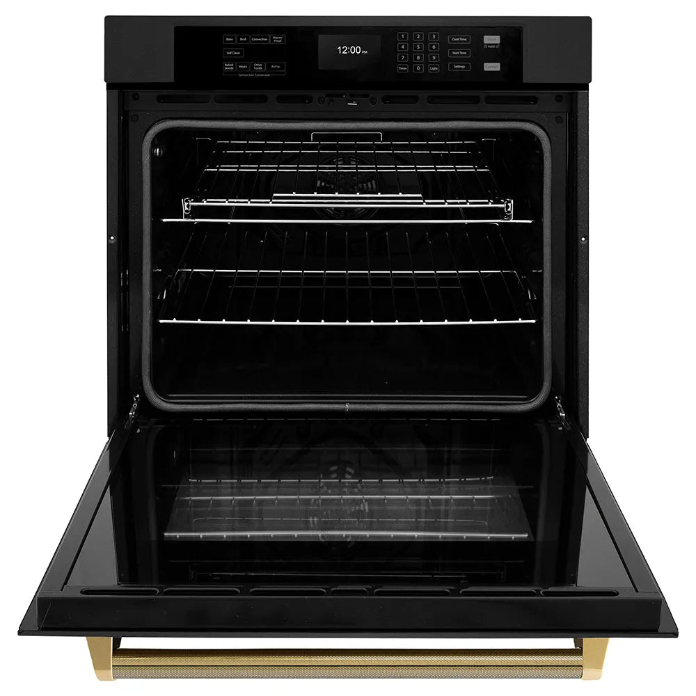 ZLINE Autograph Edition 30 in. Professional True Convection Single Wall Oven with Air Fry and Self Clean in Black Stainless Steel with Polished Gold Helix Handle (WASBZ-30-KG) front, open.