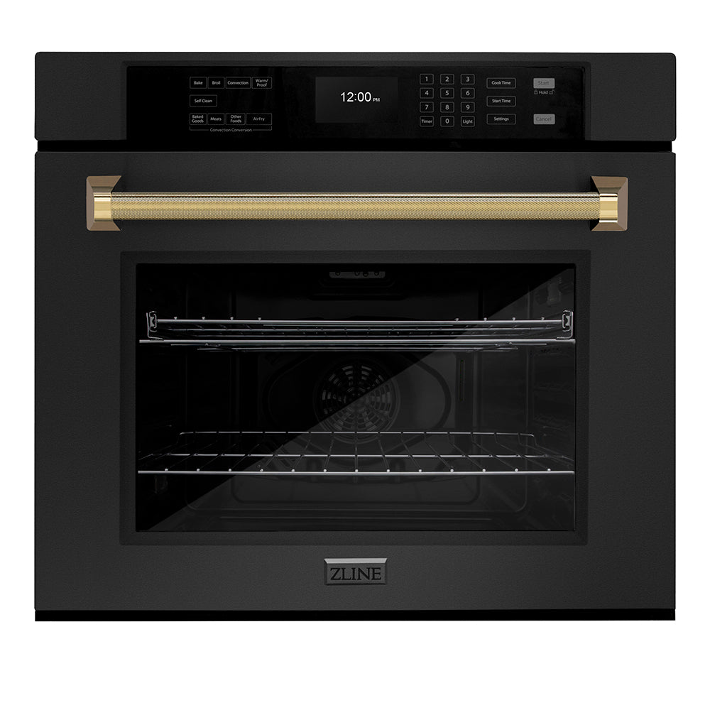 ZLINE Autograph Edition 30 in. Professional True Convection Single Wall Oven with Air Fry and Self Clean in Black Stainless Steel with Polished Gold Helix Handle (WASBZ-30-KG)