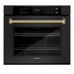 ZLINE Autograph Edition 30 in. Professional True Convection Single Wall Oven with Air Fry and Self Clean in Black Stainless Steel with Polished Gold Helix Handle (WASBZ-30-KG)