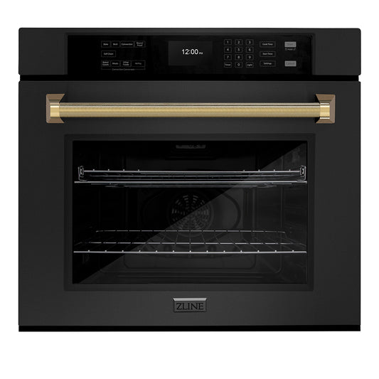 ZLINE Autograph Edition 30 in. Professional True Convection Single Wall Oven with Air Fry and Self Clean in Black Stainless Steel with Polished Gold Helix Handle (WASBZ-30-KG)