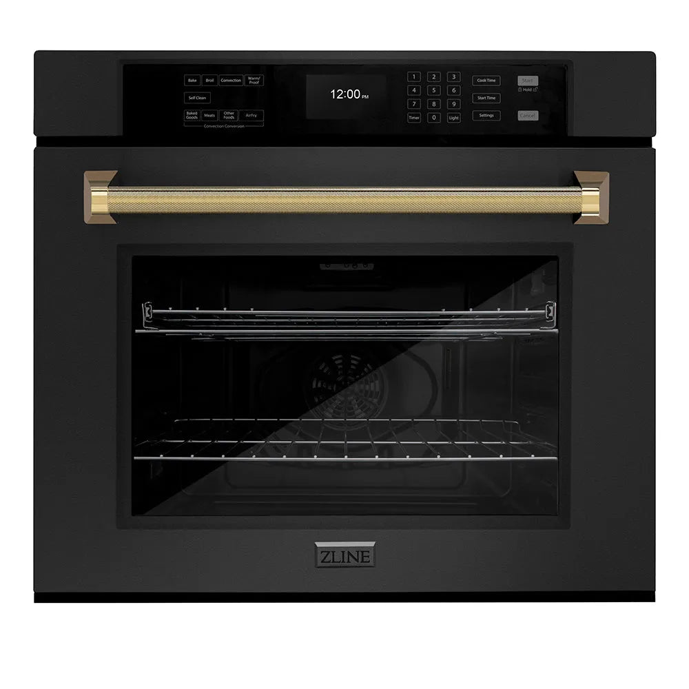 ZLINE Autograph Edition 30 in. Professional True Convection Single Wall Oven with Air Fry and Self Clean in Black Stainless Steel with Polished Gold Helix Handle (WASBZ-30-KG) main image.