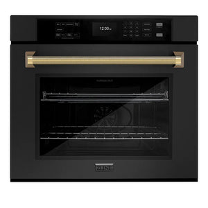 ZLINE Autograph Edition 30 in. Professional True Convection Single Wall Oven with Air Fry and Self Clean in Black Stainless Steel with Polished Gold Helix Handle (WASBZ-30-KG) main image.