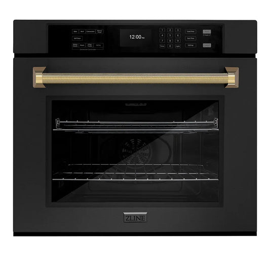ZLINE Autograph Edition 30 in. Professional True Convection Single Wall Oven with Air Fry and Self Clean in Black Stainless Steel with Polished Gold Helix Handle (WASBZ-30-KG) main image.