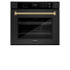 ZLINE Autograph Edition 30 in. Professional True Convection Single Wall Oven with Air Fry and Self Clean in Black Stainless Steel with Polished Gold Helix Handle (WASBZ-30-KG)
