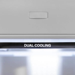 ZLINE Autograph Edition 30 in. 16.1 cu. ft. Built-in 2-Door Bottom Freezer Refrigerator with Internal Water and Ice Dispenser in Black Stainless Steel with Champagne Bronze Accents (RBIVZ-BS-30-CB) close-up detail, dual cooling.
