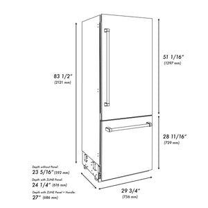 ZLINE Autograph Edition 30 in. 16.1 cu. ft. Built-in 2-Door Bottom Freezer Refrigerator with Internal Water and Ice Dispenser in Black Stainless Steel with Champagne Bronze Accents (RBIVZ-BS-30-CB) dimensional diagram with measurements.