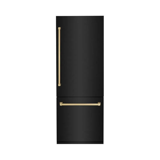 ZLINE Autograph Edition 30 in. 16.1 cu. ft. Built-In Bottom Freezer Refrigerator with Water Dispenser and Ice Maker in Black Stainless Steel with Champagne Bronze Accents (RBIVZ-BS-30-CB) main image.