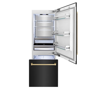 ZLINE Autograph Edition 30 in. 16.1 cu. ft. Built-In Bottom Freezer Refrigerator with Water Dispenser and Ice Maker in Black Stainless Steel with Champagne Bronze Accents (RBIVZ-BS-30-CB) front, open.