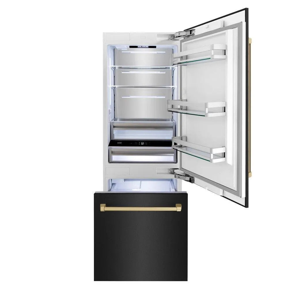 ZLINE Autograph Edition 30 in. 16.1 cu. ft. Built-In Bottom Freezer Refrigerator with Water Dispenser and Ice Maker in Black Stainless Steel with Champagne Bronze Accents (RBIVZ-BS-30-CB) front, open.