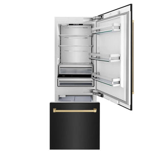 ZLINE Autograph Edition 30 in. 16.1 cu. ft. Built-In Bottom Freezer Refrigerator with Water Dispenser and Ice Maker in Black Stainless Steel with Champagne Bronze Accents (RBIVZ-BS-30-CB) front, open.