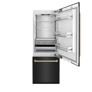 ZLINE Autograph Edition 30 in. 16.1 cu. ft. Built-in 2-Door Bottom Freezer Refrigerator with Internal Water and Ice Dispenser in Black Stainless Steel with Champagne Bronze Accents (RBIVZ-BS-30-CB) front, refrigeration compartment open.