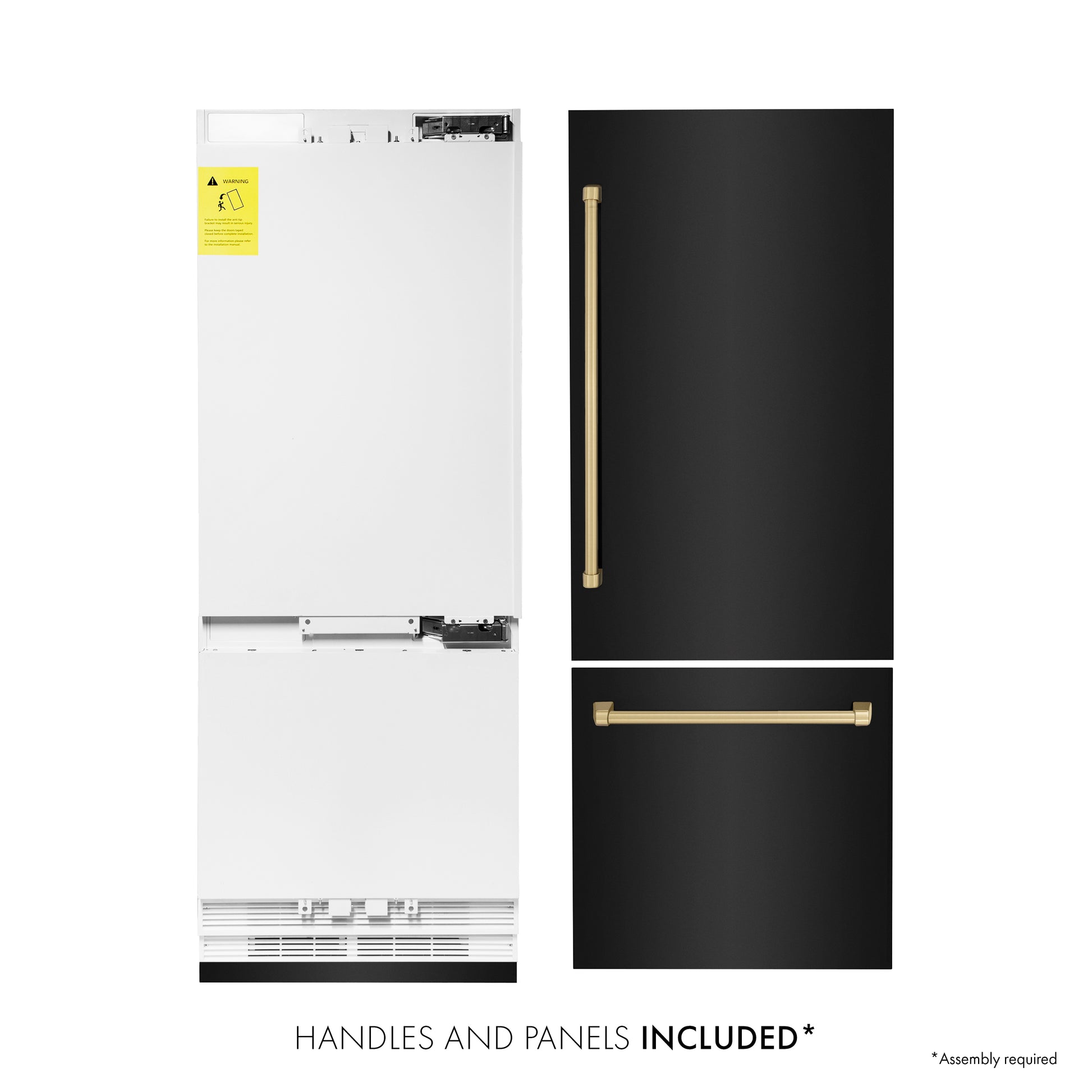 ZLINE Autograph Edition 30 in. 16.1 cu. ft. Built-in 2-Door Bottom Freezer Refrigerator with Internal Water and Ice Dispenser in Black Stainless Steel with Champagne Bronze Accents (RBIVZ-BS-30-CB) front, refrigeration unit next to panels and handles. Text: Handles and Panels Included.