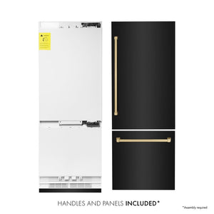 ZLINE Autograph Edition 30 in. 16.1 cu. ft. Built-In Bottom Freezer Refrigerator with Water Dispenser and Ice Maker in Black Stainless Steel with Champagne Bronze Accents (RBIVZ-BS-30-CB) front. Next to panels and handles.