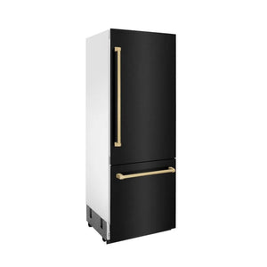 ZLINE Autograph Edition 30 in. 16.1 cu. ft. Built-in 2-Door Bottom Freezer Refrigerator with Internal Water and Ice Dispenser in Black Stainless Steel with Champagne Bronze Accents (RBIVZ-BS-30-CB) side.
