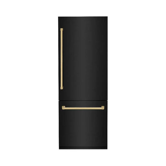 ZLINE Autograph Edition 30 in. 16.1 cu. ft. Built-In Bottom Freezer Refrigerator with Water Dispenser and Ice Maker in Black Stainless Steel with Polished Gold Accents (RBIVZ-BS-30-G) main image.