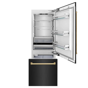 ZLINE Autograph Edition 30 in. 16.1 cu. ft. Built-In Bottom Freezer Refrigerator with Water Dispenser and Ice Maker in Black Stainless Steel with Polished Gold Accents (RBIVZ-BS-30-G) front, open.