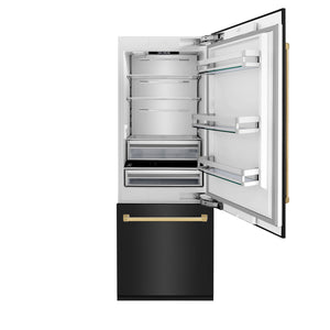 ZLINE Autograph Edition 30 in. 16.1 cu. ft. Built-in 2-Door Bottom Freezer Refrigerator with Internal Water and Ice Dispenser in Black Stainless Steel with Polished Gold Accents (RBIVZ-BS-30-G) front, refrigeration compartment open.