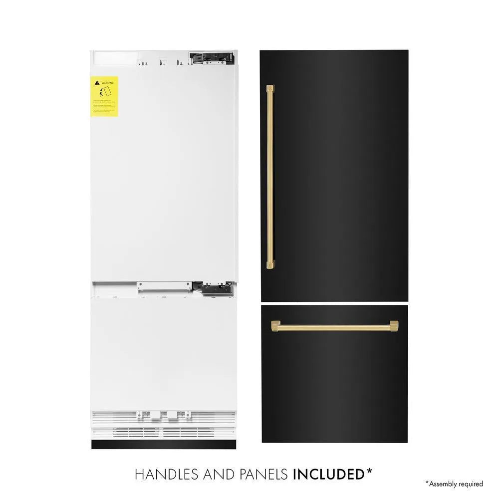 ZLINE Autograph Edition 30 in. 16.1 cu. ft. Built-In Bottom Freezer Refrigerator with Water Dispenser and Ice Maker in Black Stainless Steel with Polished Gold Accents (RBIVZ-BS-30-G) front. Next to panels and handles.