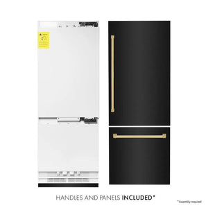 ZLINE Autograph Edition 30 in. 16.1 cu. ft. Built-In Bottom Freezer Refrigerator with Water Dispenser and Ice Maker in Black Stainless Steel with Polished Gold Accents (RBIVZ-BS-30-G) front. Next to panels and handles.