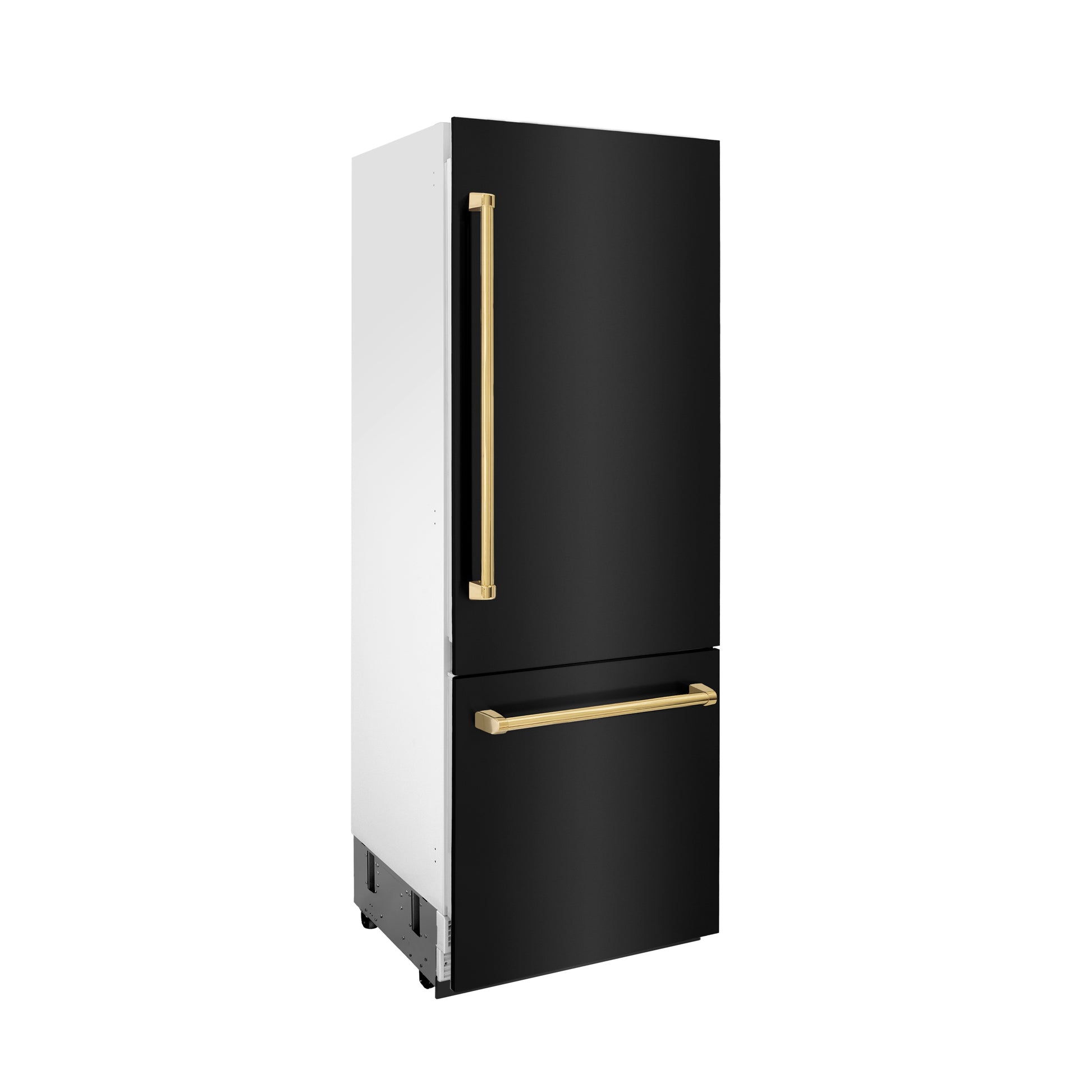 ZLINE Autograph Edition 30 in. 16.1 cu. ft. Built-in 2-Door Bottom Freezer Refrigerator with Internal Water and Ice Dispenser in Black Stainless Steel with Polished Gold Accents (RBIVZ-BS-30-G) side.