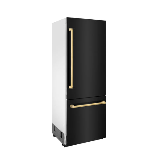 ZLINE Autograph Edition 30 in. 16.1 cu. ft. Built-in 2-Door Bottom Freezer Refrigerator with Internal Water and Ice Dispenser in Black Stainless Steel with Polished Gold Accents (RBIVZ-BS-30-G) side.