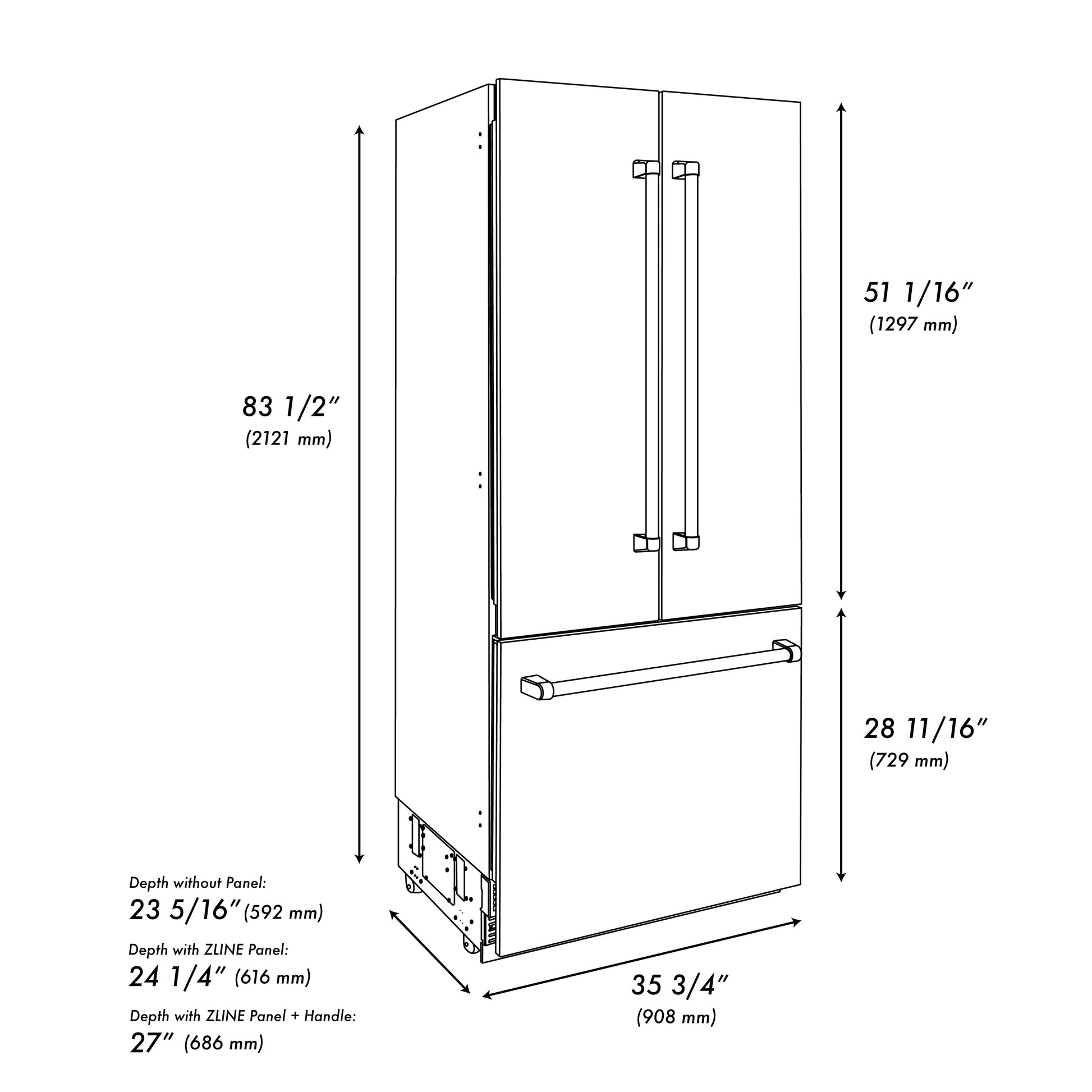 ZLINE Autograph Edition 36 in. 19.6 cu. ft. Built-in 3-Door French Door Refrigerator with Internal Water and Ice Dispenser in Black Stainless Steel with Champagne Bronze Accents (RBIVZ-BS-36-CB) dimensional diagram with measurements.