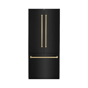 ZLINE Autograph Edition 36 in. 19.6 cu. ft. Built-in 3-Door French Door Refrigerator with Internal Water and Ice Dispenser in Black Stainless Steel with Champagne Bronze Accents (RBIVZ-BS-36-CB)