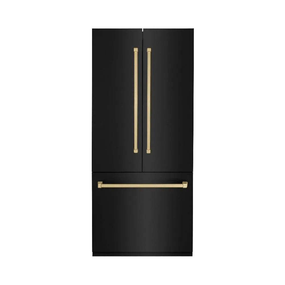 ZLINE Autograph Edition 36 in. 19.6 cu. ft. French Door Built-In Bottom Freezer Refrigerator with Water Dispenser and Ice Maker in Black Stainless Steel with Champagne Bronze Accents (RBIVZ-BS-36-CB) main image.