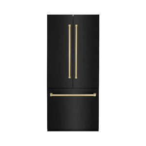 ZLINE Autograph Edition 36 in. 19.6 cu. ft. French Door Built-In Bottom Freezer Refrigerator with Water Dispenser and Ice Maker in Black Stainless Steel with Champagne Bronze Accents (RBIVZ-BS-36-CB) main image.