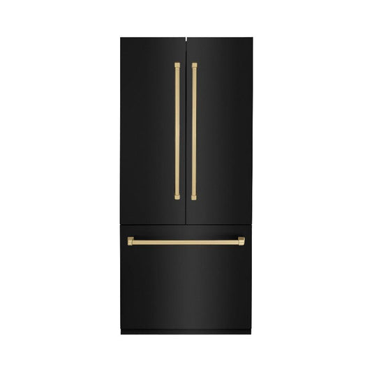 ZLINE Autograph Edition 36 in. 19.6 cu. ft. Built-in 3-Door French Door Refrigerator with Internal Water and Ice Dispenser in Black Stainless Steel with Champagne Bronze Accents (RBIVZ-BS-36-CB)