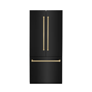 ZLINE Autograph Edition 36 in. 19.6 cu. ft. Built-in 3-Door French Door Refrigerator with Internal Water and Ice Dispenser in Black Stainless Steel with Champagne Bronze Accents (RBIVZ-BS-36-CB) front, closed.