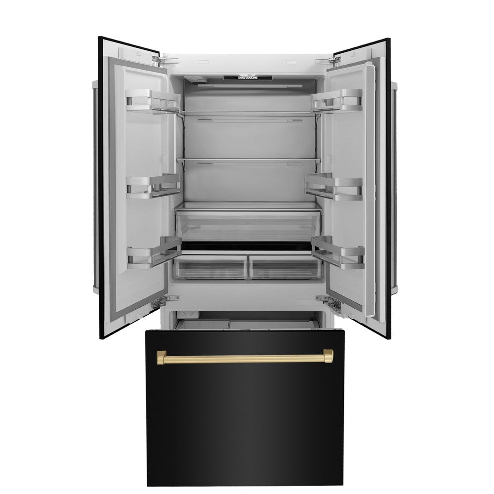 ZLINE Autograph Edition 36 in. 19.6 cu. ft. Built-in 3-Door French Door Refrigerator with Internal Water and Ice Dispenser in Black Stainless Steel with Champagne Bronze Accents (RBIVZ-BS-36-CB) front, refrigeration compartment and bottom freezer open.