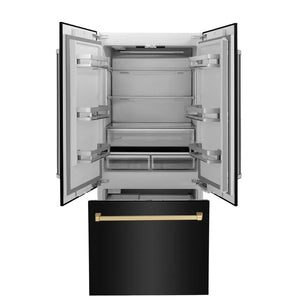ZLINE Autograph Edition 36 in. 19.6 cu. ft. French Door Built-In Bottom Freezer Refrigerator with Water Dispenser and Ice Maker in Black Stainless Steel with Champagne Bronze Accents (RBIVZ-BS-36-CB) front, open.