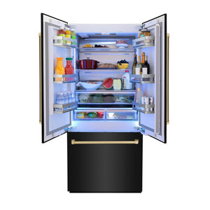 ZLINE Autograph Edition 36 in. 19.6 cu. ft. Built-in 3-Door French Door Refrigerator with Internal Water and Ice Dispenser in Black Stainless Steel with Champagne Bronze Accents (RBIVZ-BS-36-CB) front, open, with food inside refrigeration compartment.