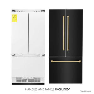ZLINE Autograph Edition 36 in. 19.6 cu. ft. French Door Built-In Bottom Freezer Refrigerator with Water Dispenser and Ice Maker in Black Stainless Steel with Champagne Bronze Accents (RBIVZ-BS-36-CB) front. Next to panels and handles.