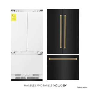 ZLINE Autograph Edition 36 in. 19.6 cu. ft. French Door Built-In Bottom Freezer Refrigerator with Water Dispenser and Ice Maker in Black Stainless Steel with Champagne Bronze Accents (RBIVZ-BS-36-CB) front. Next to panels and handles.