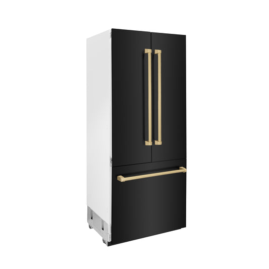 ZLINE Autograph Edition 36 in. 19.6 cu. ft. Built-in 3-Door French Door Refrigerator with Internal Water and Ice Dispenser in Black Stainless Steel with Champagne Bronze Accents (RBIVZ-BS-36-CB) side.