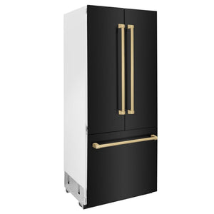 ZLINE Autograph Edition 36 in. 19.6 cu. ft. Built-in 3-Door French Door Refrigerator with Internal Water and Ice Dispenser in Black Stainless Steel with Champagne Bronze Accents (RBIVZ-BS-36-CB) side, closed.