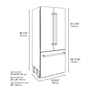 ZLINE Autograph Edition 36 in. 19.6 cu. ft. Built-in 3-Door French Door Refrigerator with Internal Water and Ice Dispenser in Black Stainless Steel with Polished Gold Accents (RBIVZ-BS-36-G) dimensional diagram with measurements.
