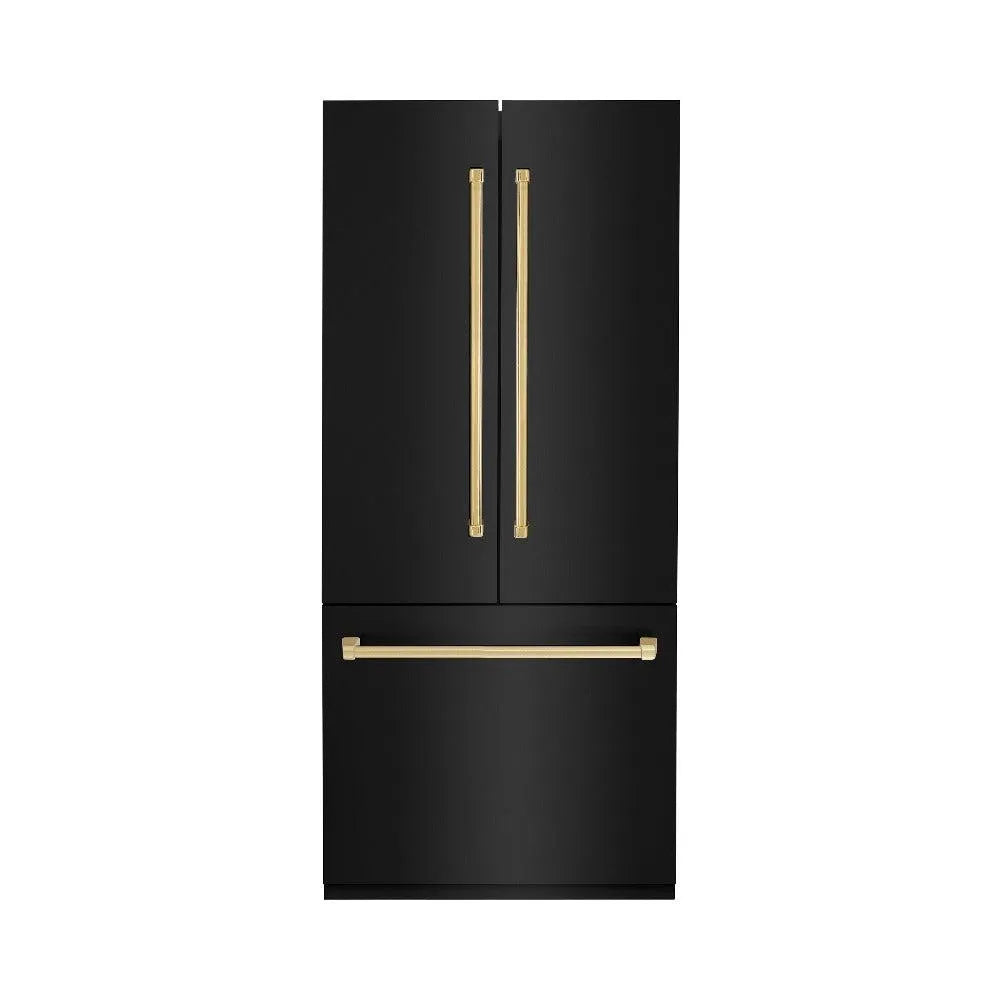ZLINE Autograph Edition 36 in. 19.6 cu. ft. French Door Built-In Bottom Freezer Refrigerator with Water Dispenser and Ice Maker in Black Stainless Steel with Polished Gold Accents (RBIVZ-BS-36-G) main image.
