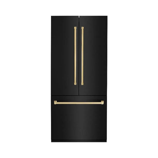 ZLINE Autograph Edition 36 in. 19.6 cu. ft. French Door Built-In Bottom Freezer Refrigerator with Water Dispenser and Ice Maker in Black Stainless Steel with Polished Gold Accents (RBIVZ-BS-36-G) main image.