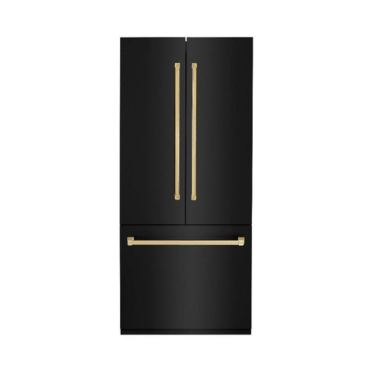 ZLINE Autograph Edition 36 in. 19.6 cu. ft. Built-in 3-Door French Door Refrigerator with Internal Water and Ice Dispenser in Black Stainless Steel with Polished Gold Accents (RBIVZ-BS-36-G)