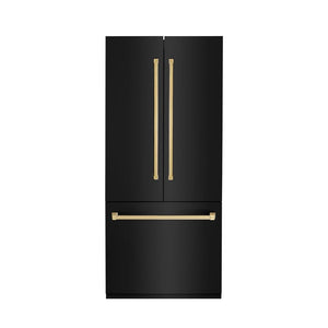 ZLINE Autograph Edition 36 in. 19.6 cu. ft. Built-in 3-Door French Door Refrigerator with Internal Water and Ice Dispenser in Black Stainless Steel with Polished Gold Accents (RBIVZ-BS-36-G) front, closed.
