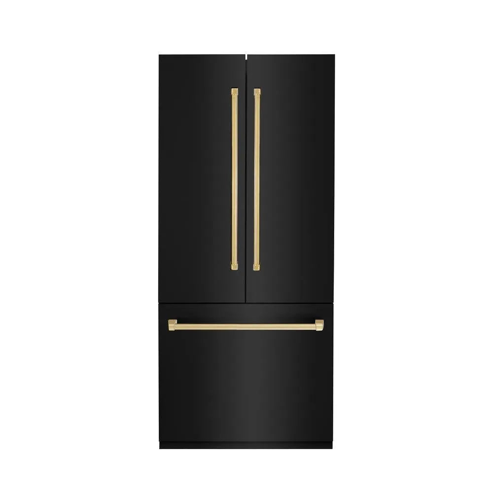 ZLINE Autograph Edition 36 in. 19.6 cu. ft. Built-in 3-Door French Door Refrigerator with Internal Water and Ice Dispenser in Black Stainless Steel with Polished Gold Accents (RBIVZ-BS-36-G) front, closed.